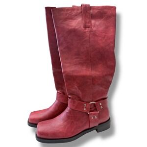 NEW Womens Red Square Toe Knee High Boots Harness Buckle Moto Biker Sz 10.5